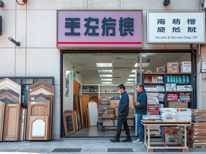 琼海建材门店外观，门口陈列着门类样品